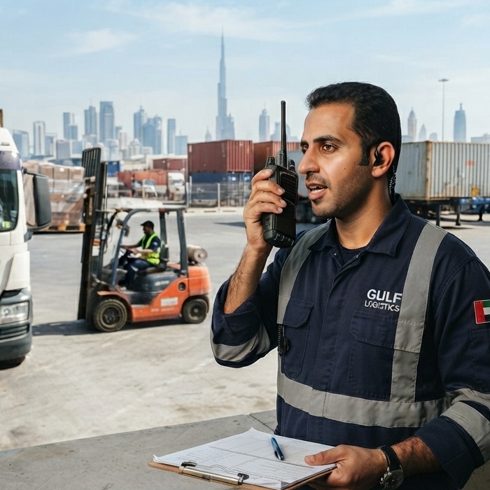 Logistics supervisor calling a driver on a two-way radio in a container yard