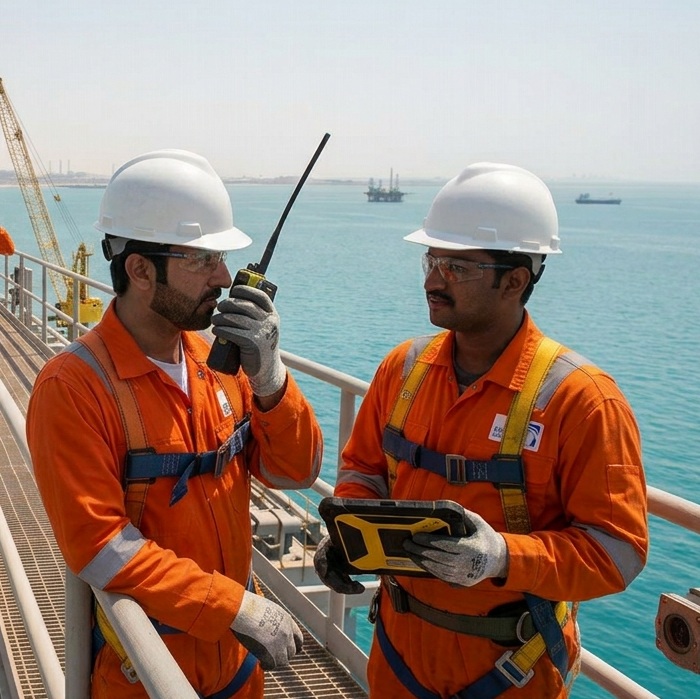 Offshore crew on a platform walkway using two-way radios